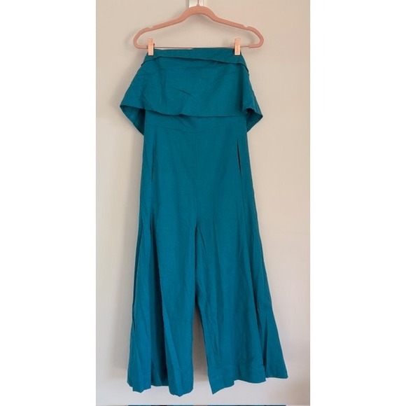 DAVI & DANI Pants - Davi & Dani Teal Blue Strapless Ruffle Wide Leg Cotton Linen Jumpsuit Medium
